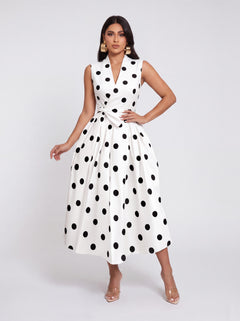 Vintage Polkdot Sleeveless V-neck Tight Waist Mid-length Umbrella Dress