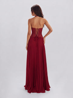 Lace Boom Neck Pleated Long Banquet Dress