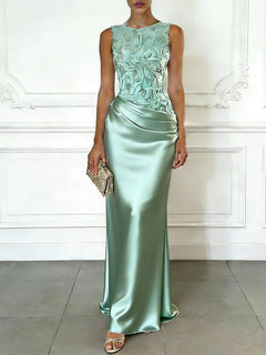 Elegant Yellow Embroidery Satin Crew Neck Sleeveless Sheath Maxi Dress