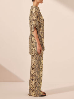 Modern Feel Satin Unique Snake Print Button Down Loose Shirt