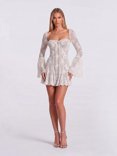 Floral Lace Trumpet Long Sleeve Square Neck Short Dress