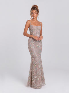 Vintage Floral Beaded Lace Belted Mermaid Dress
