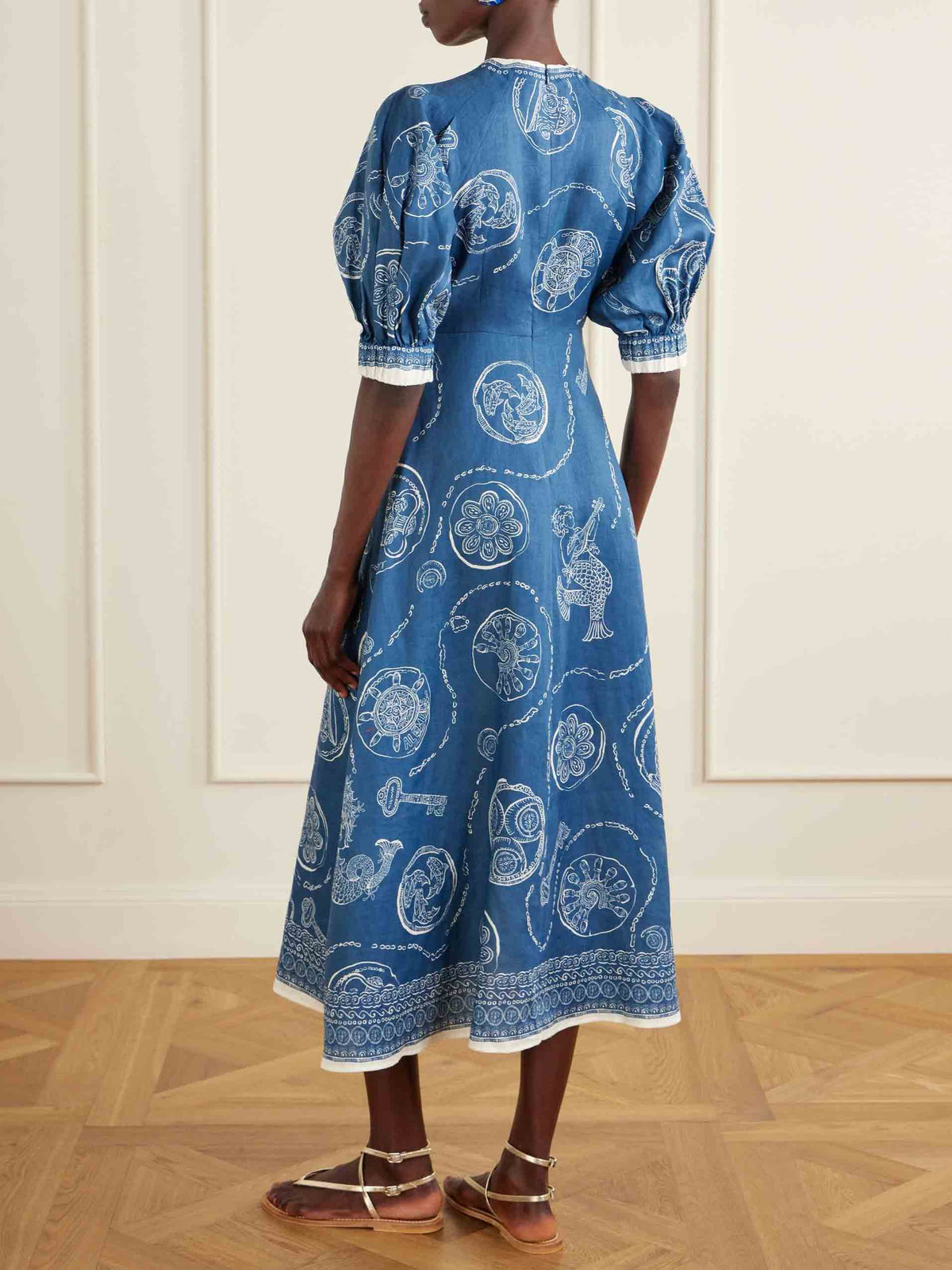 Exquisite Nautical Print Puff Sleeve Midi Dress