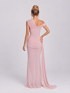 Draping Inclined Shoulder See-Through Gauze Long Dress