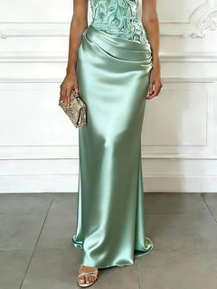 Elegant Green Embroidery Satin Crew Neck Sleeveless Sheath Maxi Dress