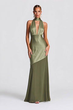 Olive Satin Halter Neck Deep V-Neck Mermaid Evening Gown - Sexy Backless Formal Dress For Party, Wedding & Gala