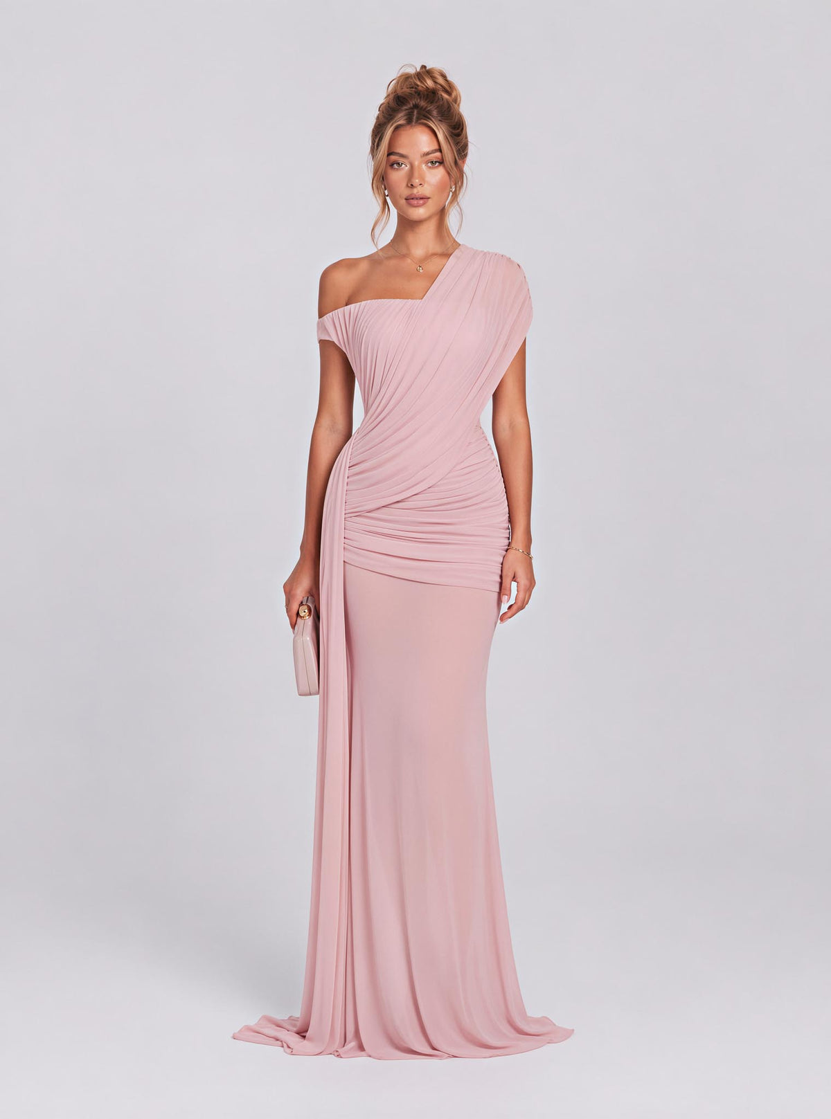 Draping Inclined Shoulder See-Through Gauze Long Dress