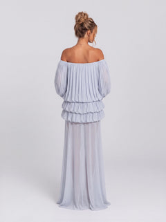 Pleated Off-shoulder Bubble Long Sleeve Perspective Long Party Dress