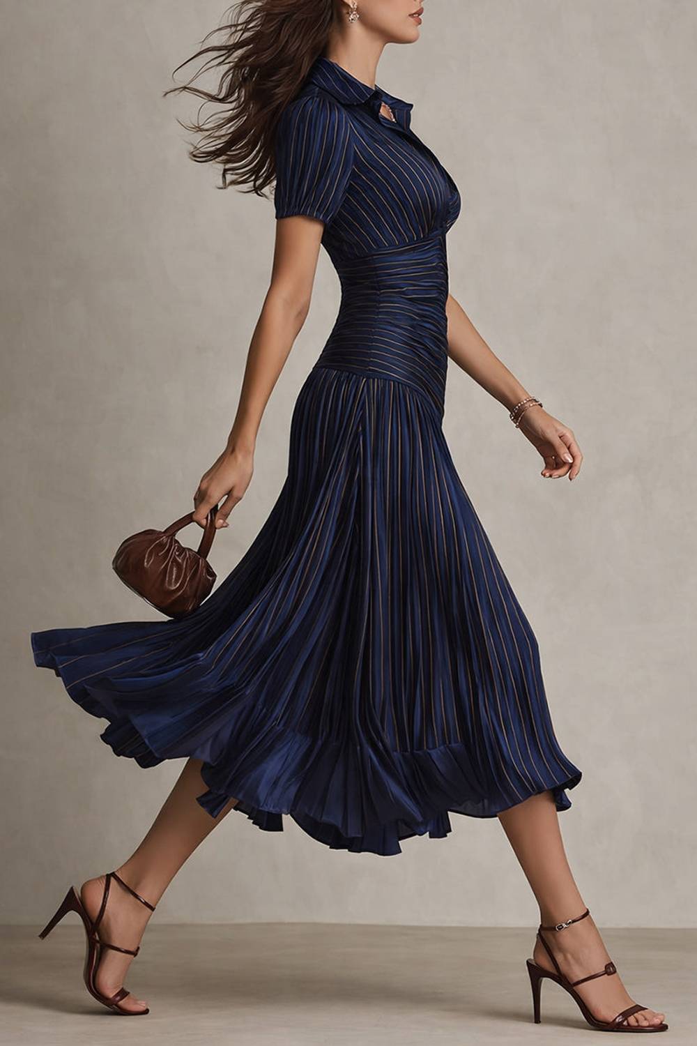 Collared Short Sleeve Striped Ruched Waist Pleated Midi Dress