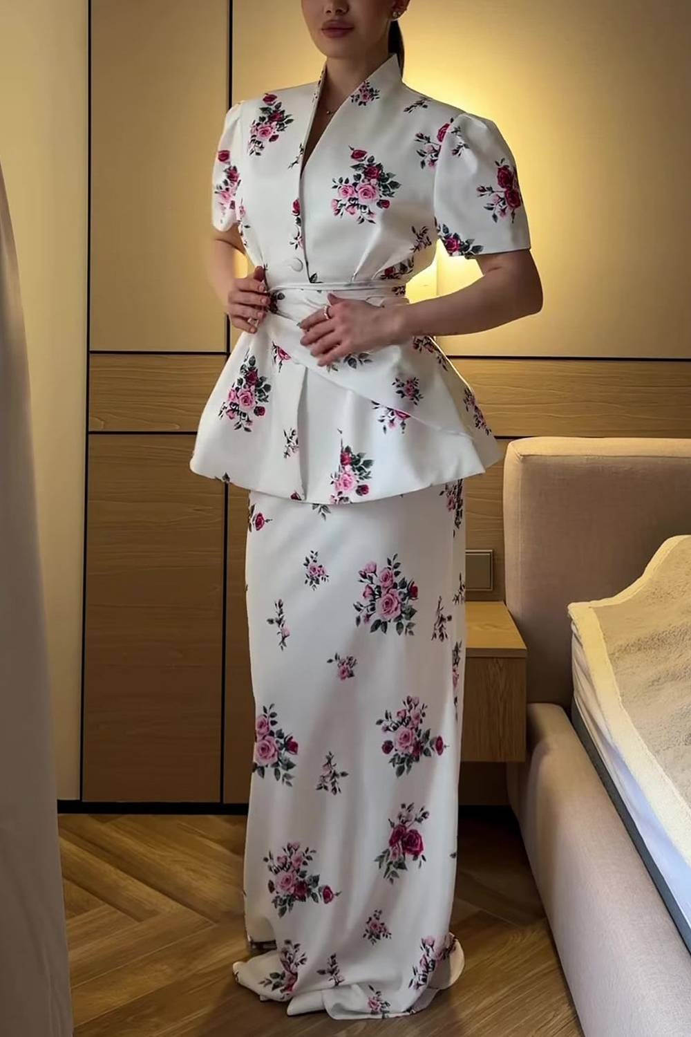 Stand‑Collar V‑Placket Puff‑Sleeve Floral Print Peplum Top & Mermaid Floor‑Length Maxi Skirt Two‑Piece Set