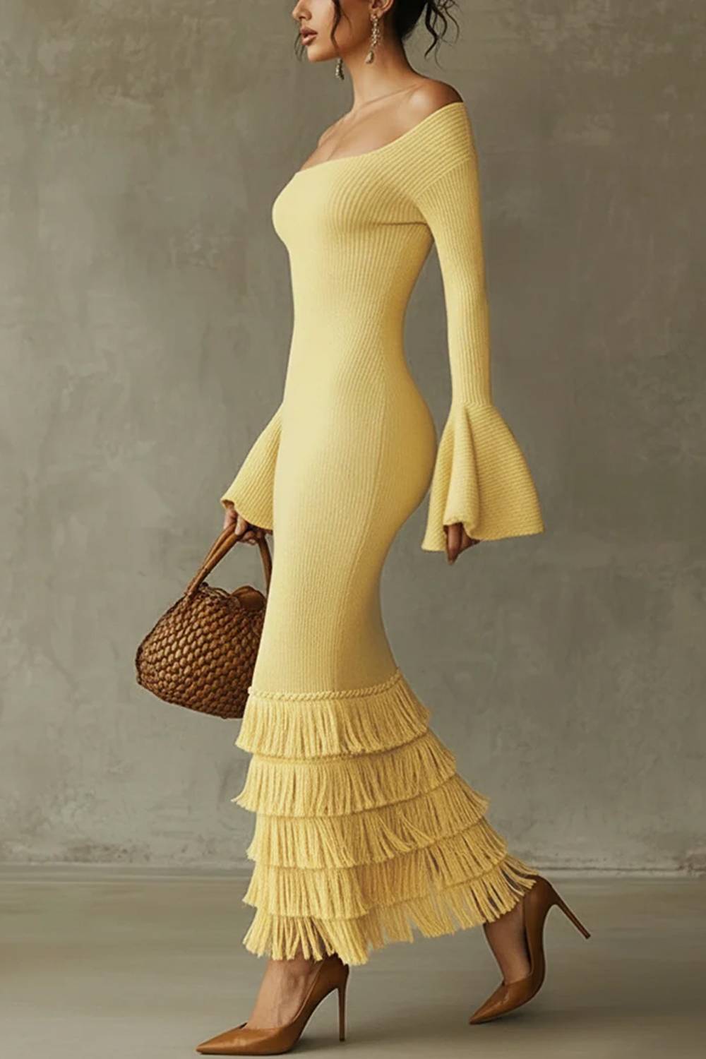 Off-shoulder Bell-sleeve Multi-layer Fringed Knit Dress