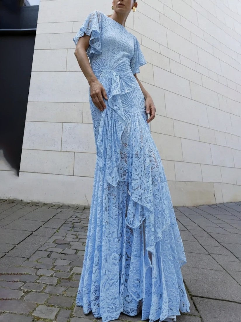 Elegant Lace Ruched Ruffle Party Maxi Dress