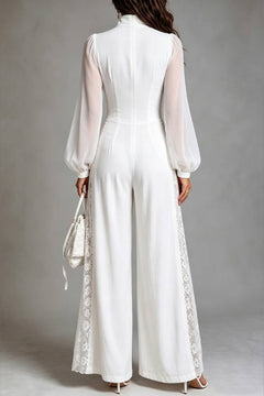 Stand Collar Zip Front Sheer Long Sleeve Lace Panel Wide Leg Jumpsuit