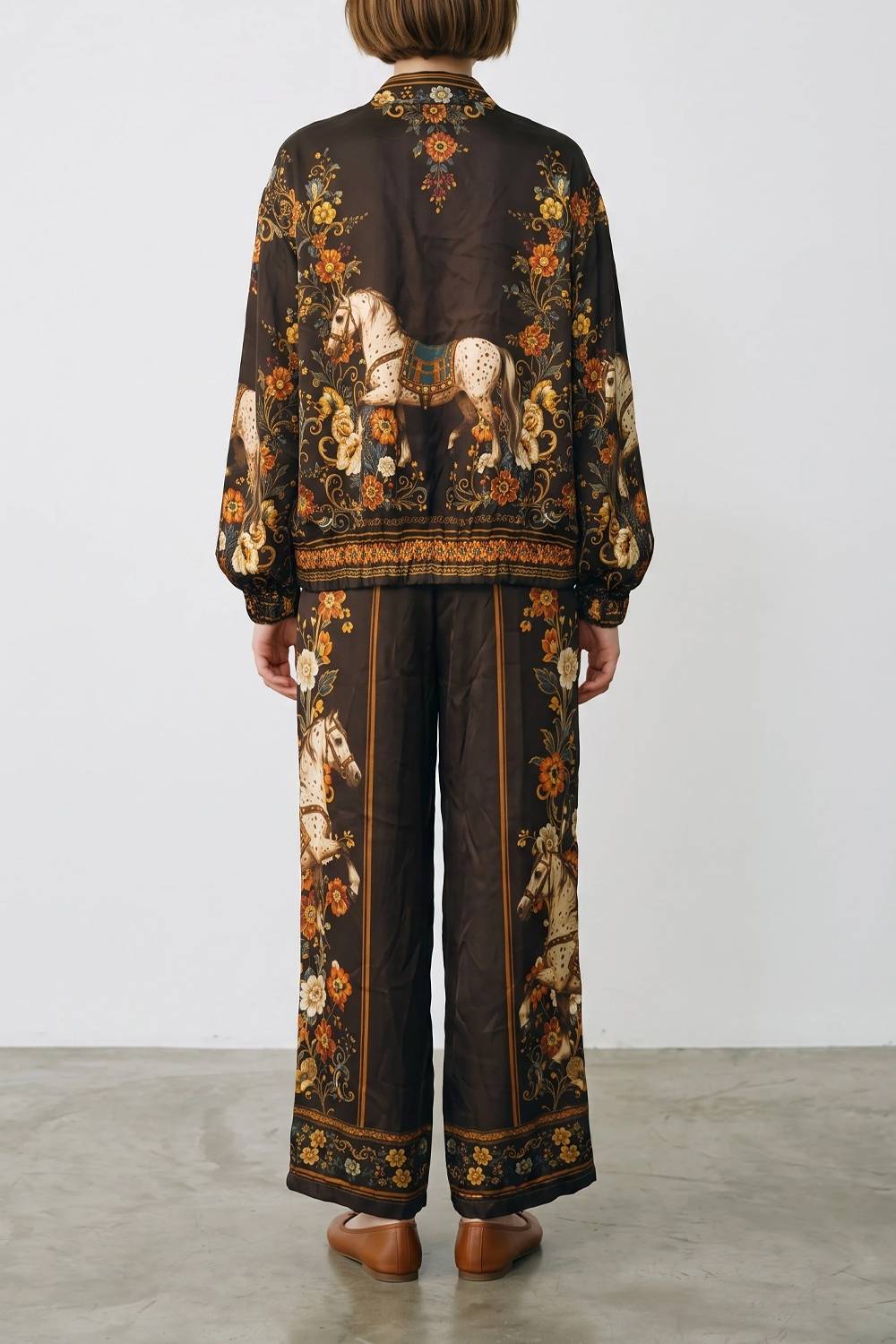 Vintage Horse Floral Print Zip‑Up Bomber Jacket & Wide‑Leg Pants Two‑Piece Set