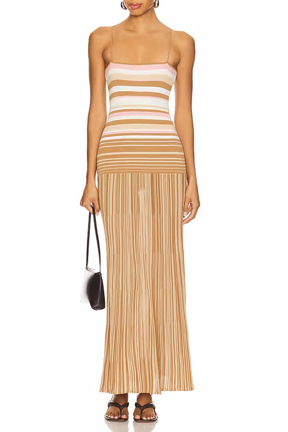 Vacation-style Color-block Striped Long Dress with Thin Straps