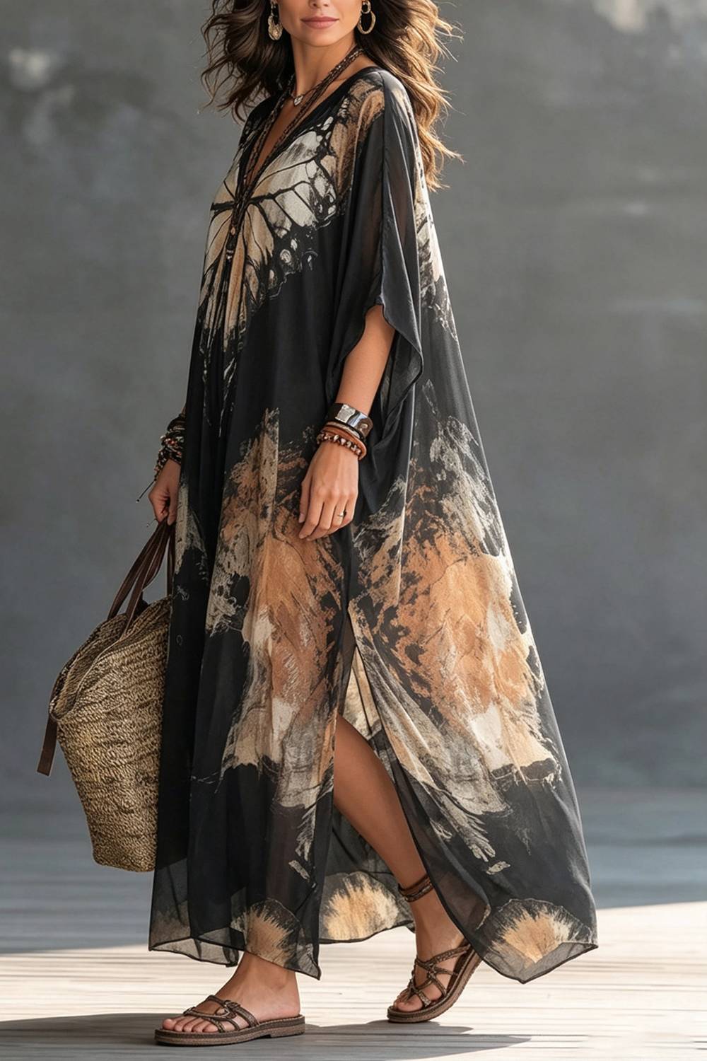 Butterfly Print V‑Neck Loose Kaftan Maxi Dress