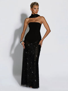 Elegant Strapless Sequin Skirt And Shawl Two-Piece Set