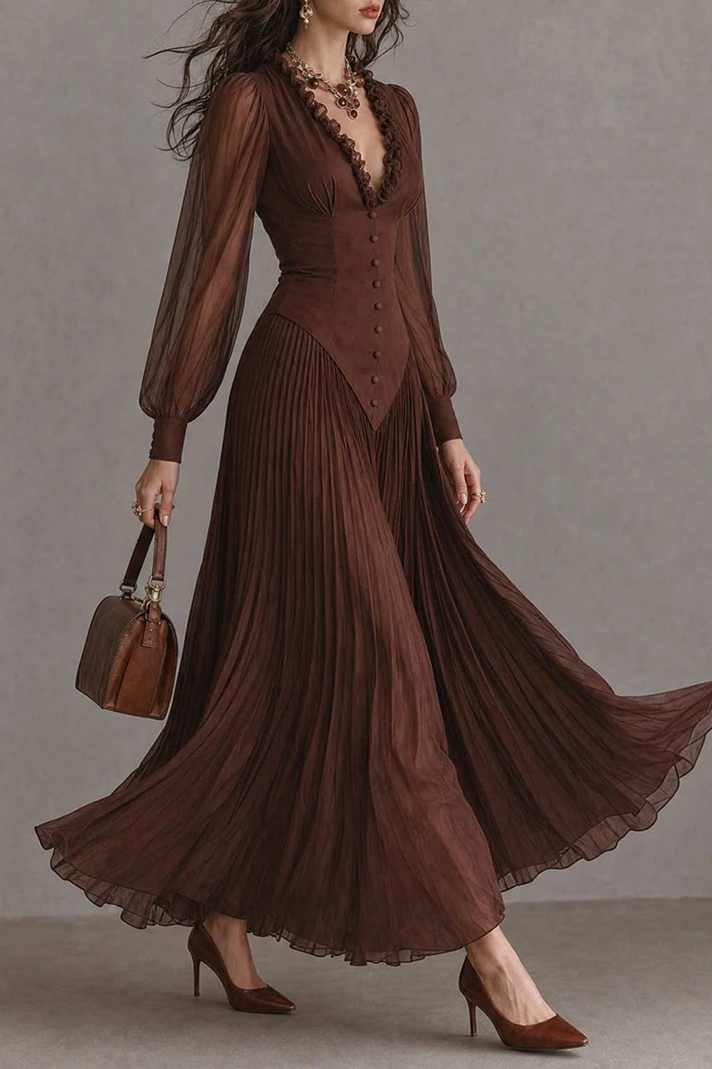 Vintage V-Neck Puff Sleeve Dress