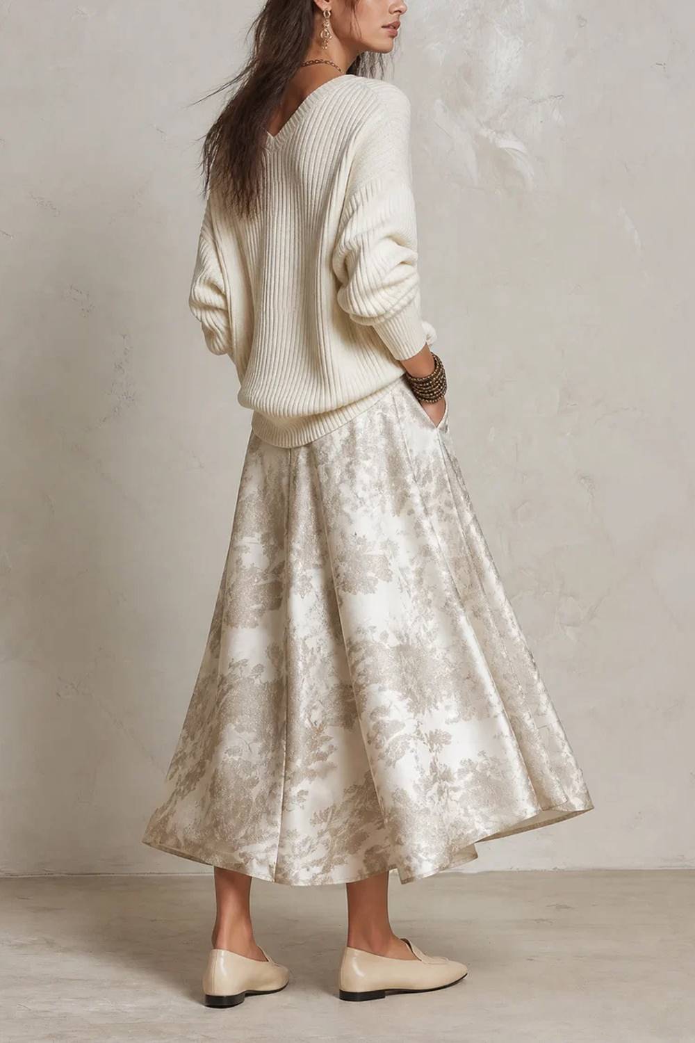V-Neck Loose Knit Top Vintage Jacquard Skirt Two-Piece Set