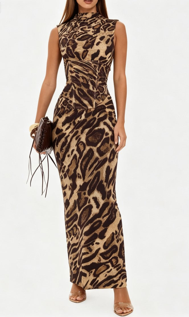 High Collar Sleeveless Leopard-Print Tight Waisted Sheath Long Dress