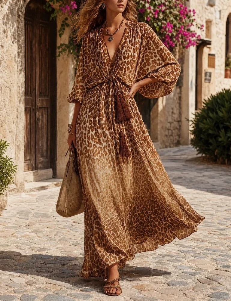 Deep V Leopard Puff Sleeve Tassel Waist Long Dress For Vacation