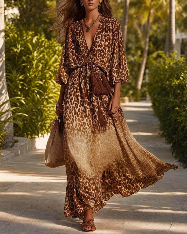 Deep V Leopard Puff Sleeve Tassel Waist Long Dress For Vacation
