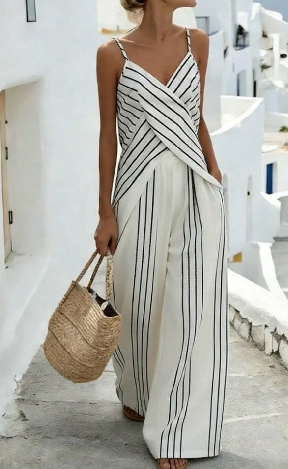 Black And White Striped V-Neck Crossover Top Wide-Leg Trousers Two-Piece Set