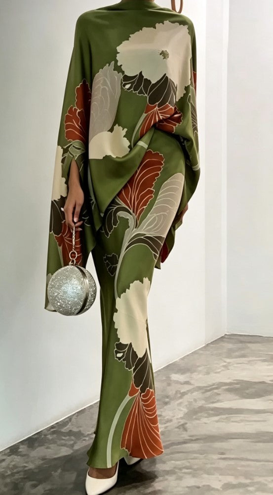 Vintage Green Floral Print Cape Wide Sleeve Top Long Skirt Two-Piece Set