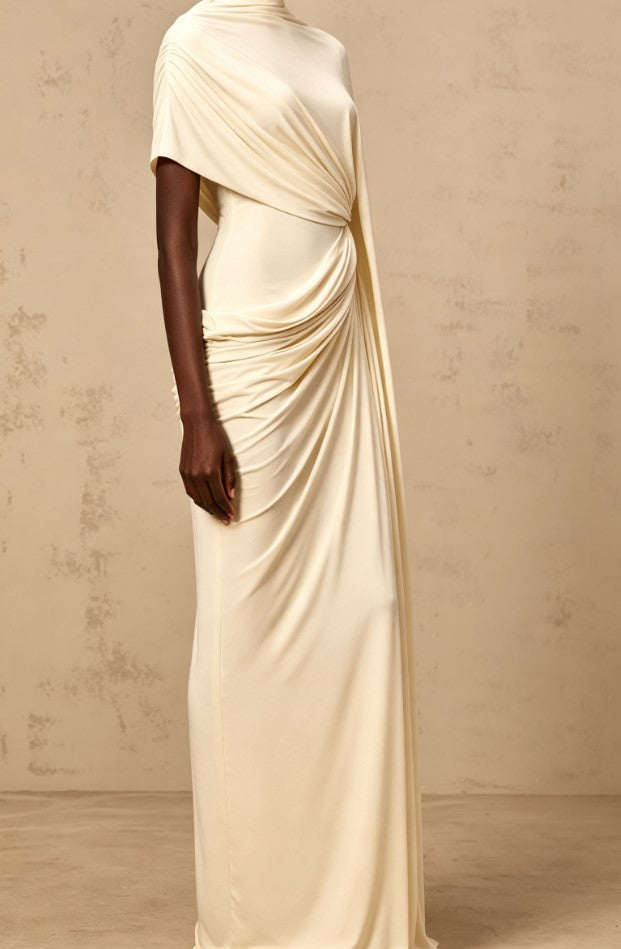 Cream Mock Neck Twist Draped Sheath Maxi Evening Gown