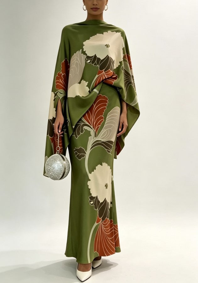 Vintage Green Floral Print Cape Wide Sleeve Top Long Skirt Two-Piece Set