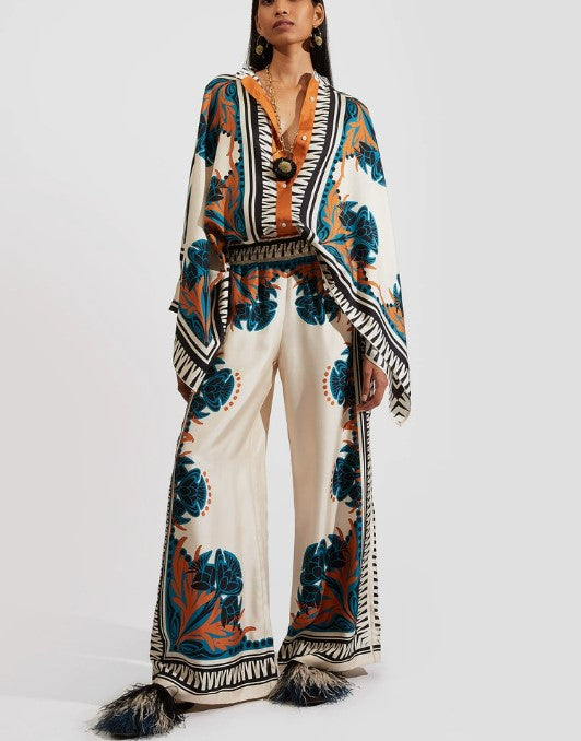 Exotic Floral Print V Neck Cape Top Wide Leg Pants Two Piece Set