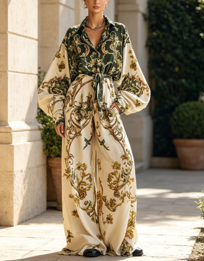 Vintage Baroque Print Belted Shirt Wide Leg Pants Set
