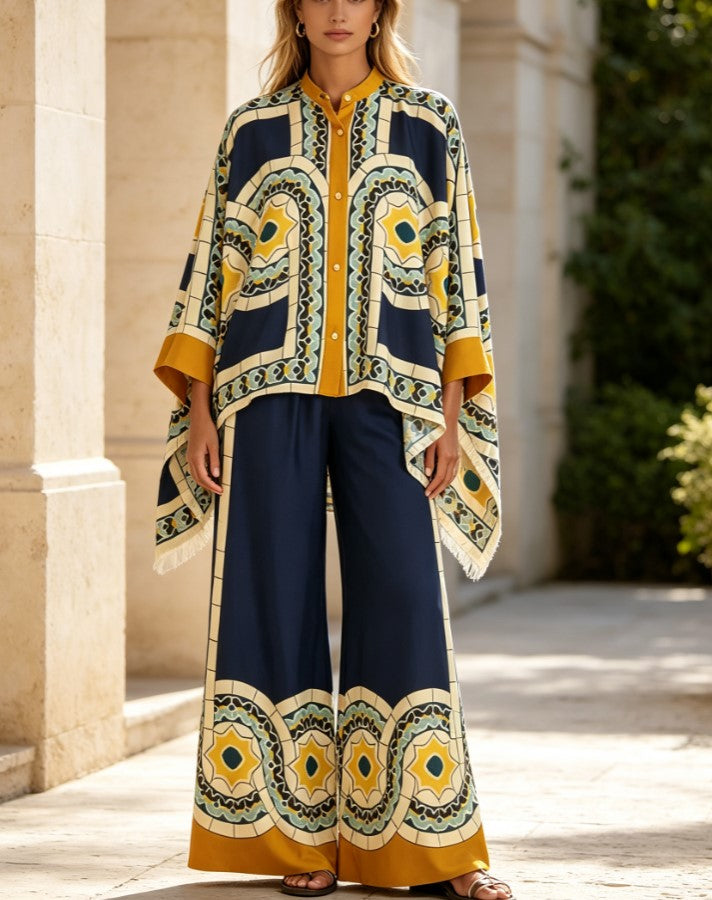 Moroccan Geometric Print Fringe Cape Shirt Wide Leg Pants Set