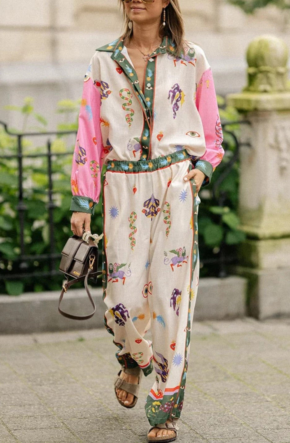 Color Contrast Collar Vintage Print Long Sleeve Jogger Two Piece Set