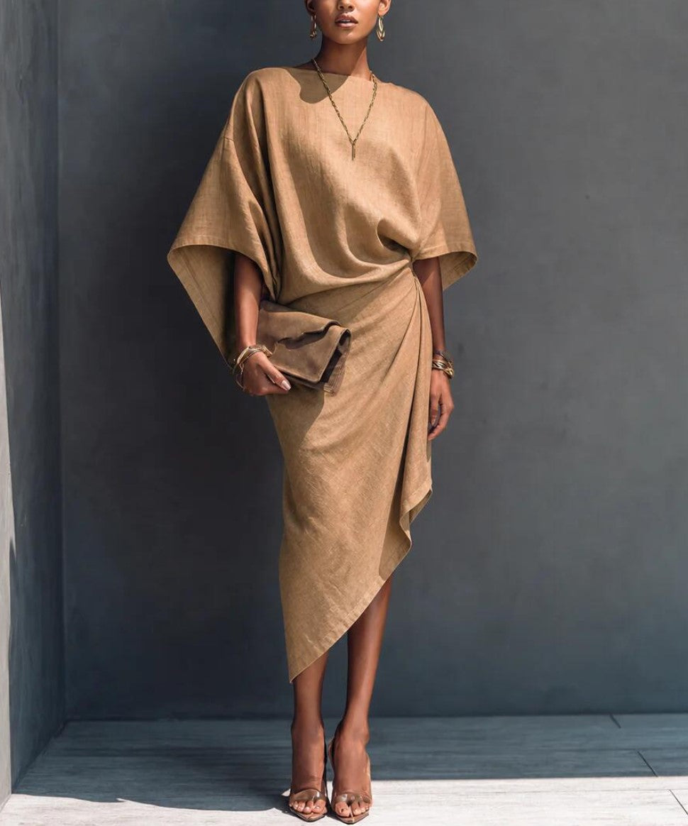 Boat Neck Batwing Sleeve Irregular Wrap Midi Dress