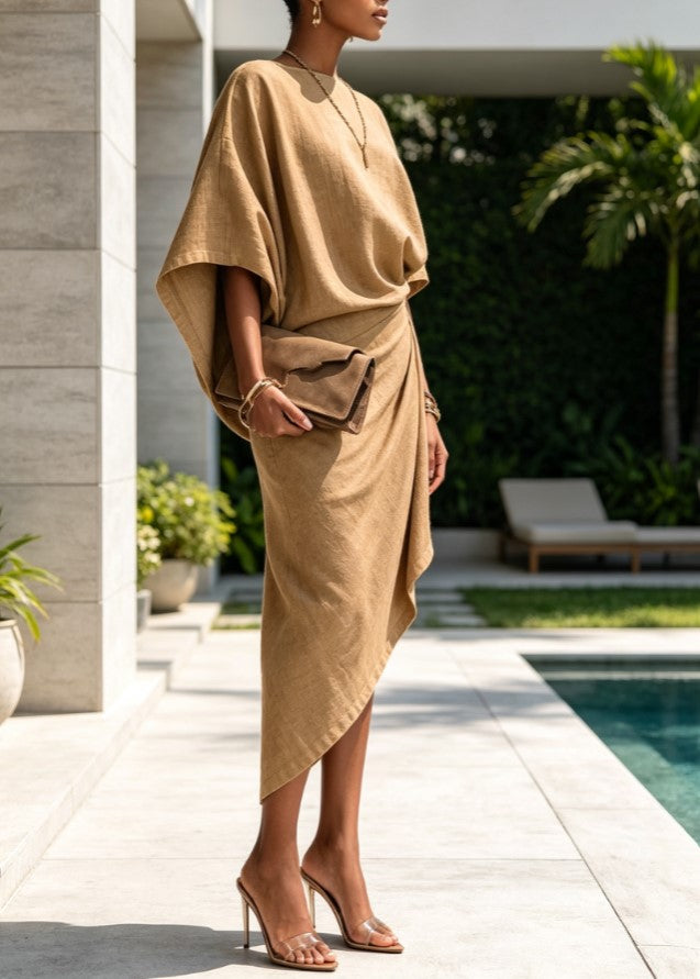 Boat Neck Batwing Sleeve Irregular Wrap Midi Dress
