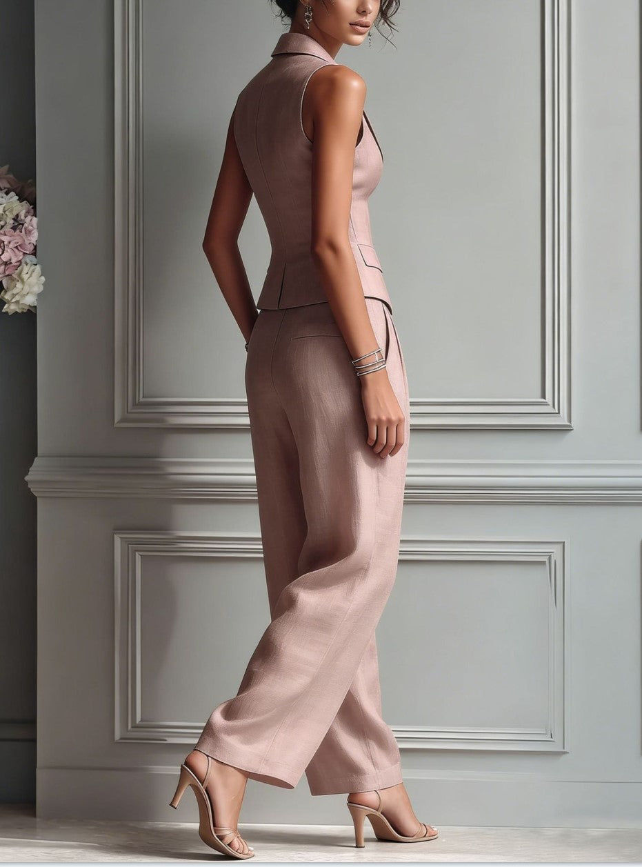 Blush Lapel Vest Wide Leg Pants Two Piece Suit