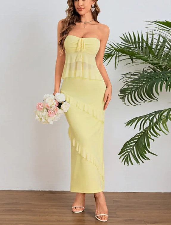 Strapless Tie Front Ruffle Two‑Piece Maxi Skirt Set