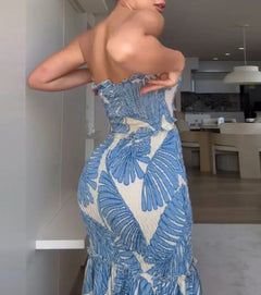 Strapless Drawstring Cutout Floral Print Maxi Skirt Set