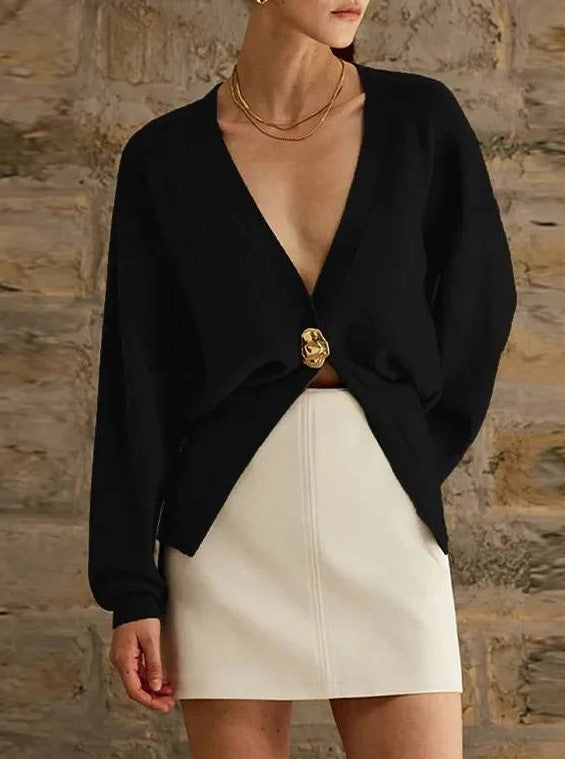V Neck Gold Metal Button Knit Cardigan Long Sleeve Cropped Sweater Coat
