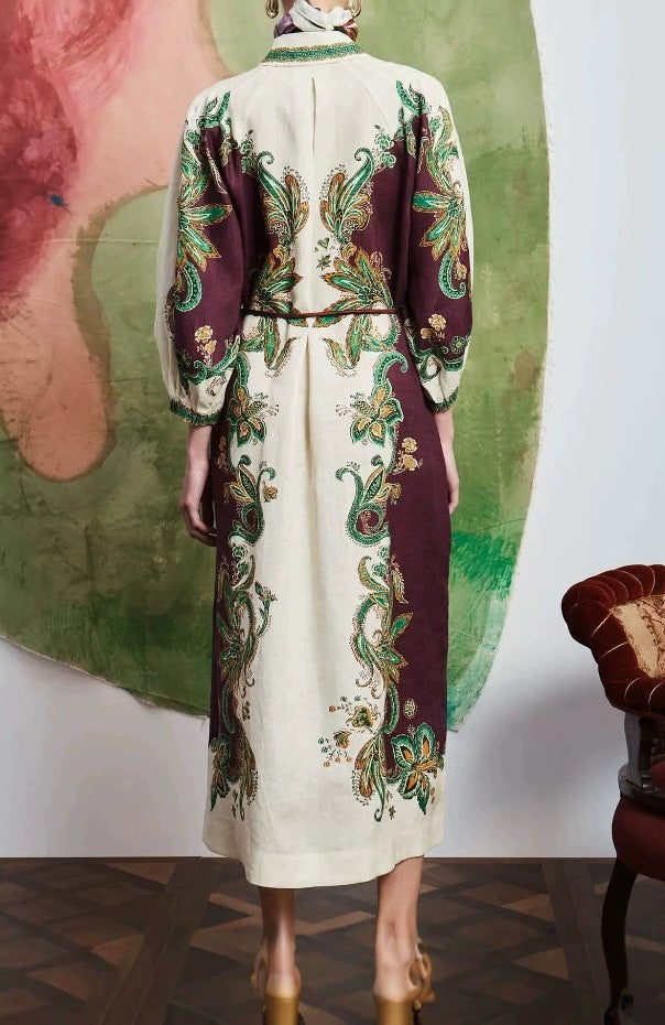 Vintage Floral Print Collared Midi Shirt Dress Belted 3/4 Sleeve Boho Dress