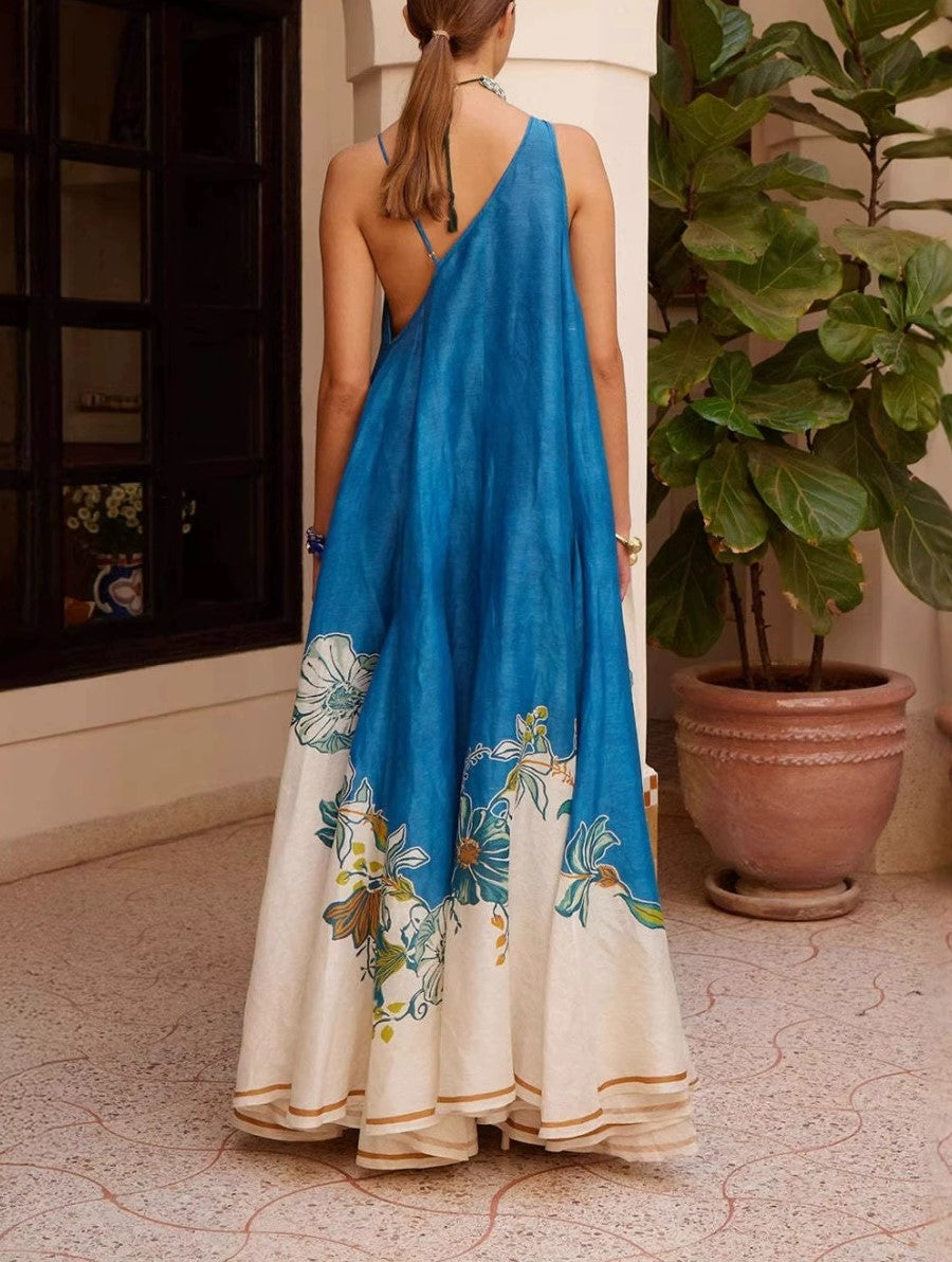 Asymmetric Strap Floral Print Maxi Dress Ruffled Trim Boho Vacation Maxi Dress