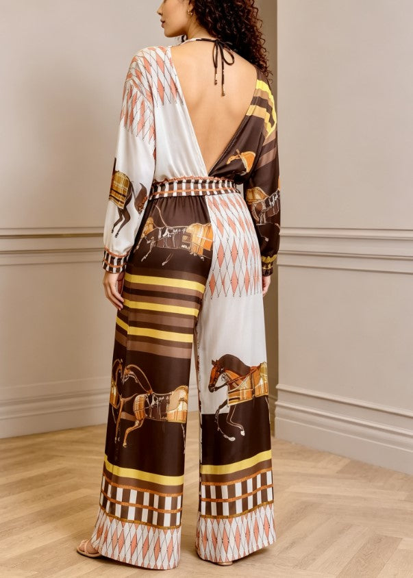 Horse Print Zip Long Sleeve Top & Wide Leg Pants Set Women Elegant Satin Two‑Piece Outfit