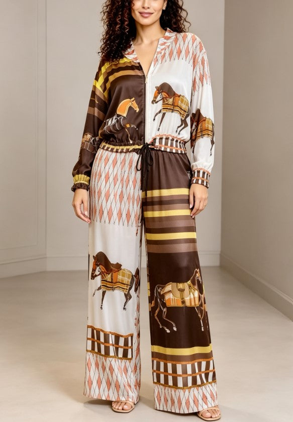Horse Print Zip Long Sleeve Top & Wide Leg Pants Set Women Elegant Satin Two‑Piece Outfit