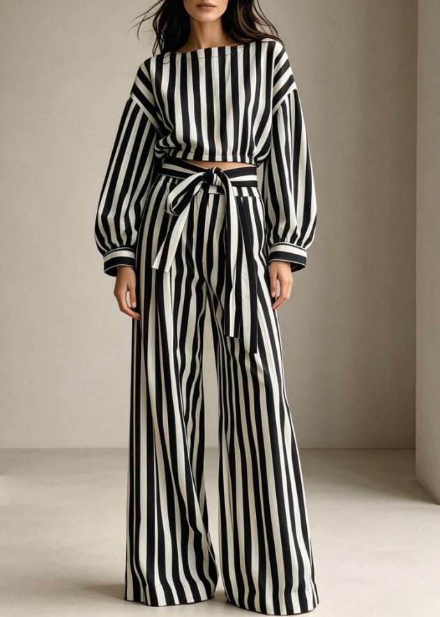 Black White Stripe Long Sleeve Crop Top & Wide Leg Pants Set Two‑Piece Outfit