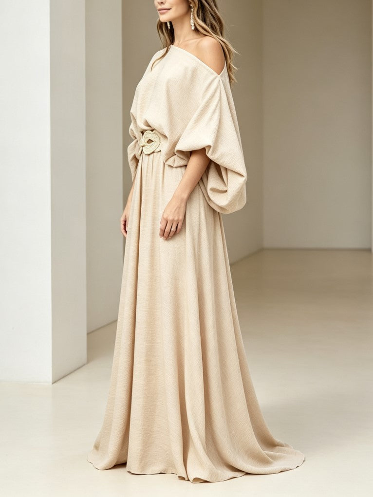 Beige Off‑Shoulder Balloon Sleeve Maxi Dress With Decorative Waist Belt