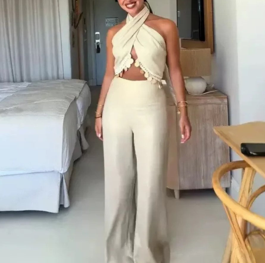 Halter Cutout Crop Top & High Waist Wide Leg Pants Two Piece Outfit