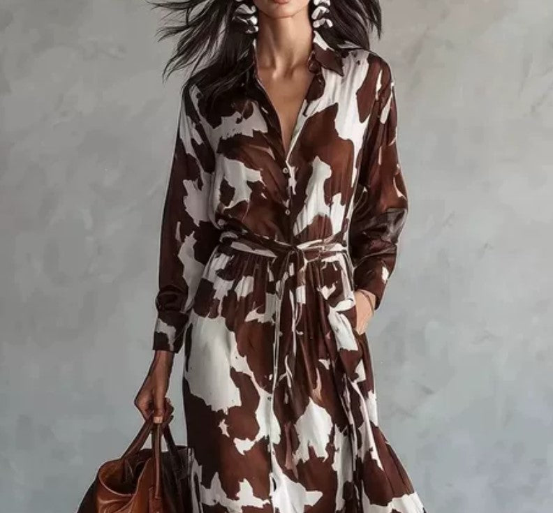 Cow Print Shirt Maxi Dress Long Sleeve Belted Flowy Button Down Dress