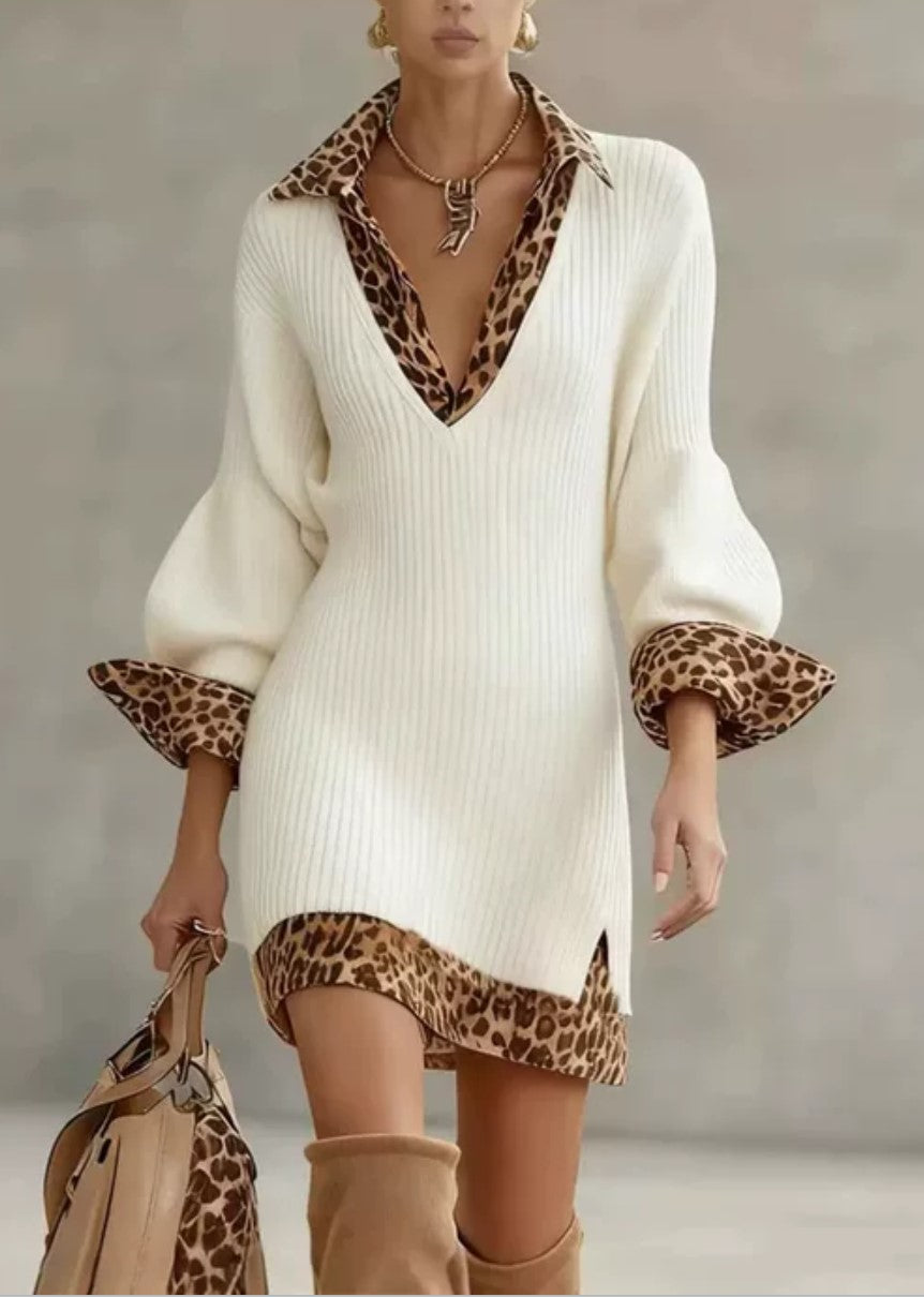 Faux Two‑Piece Leopard Collar Ribbed Knit Long Sleeve Mini Sweater Dress