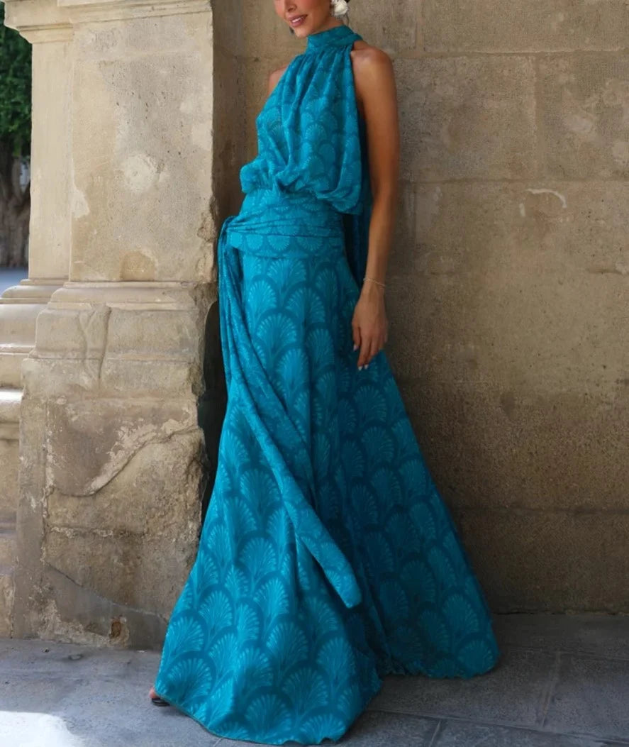 Halter Neck Sleeveless Fan Print Draped Waist A-Line Maxi Dress